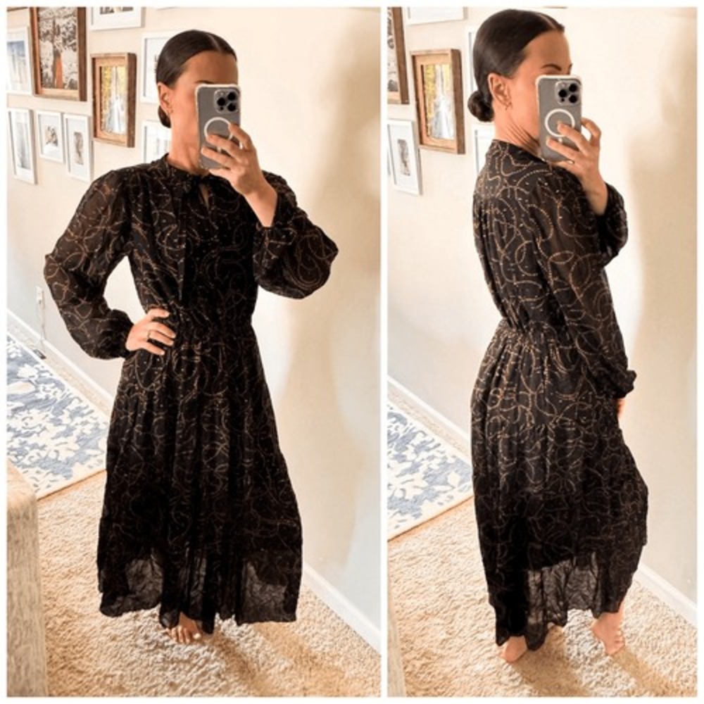 A.L.C. Silk Chain Print Midi Dress Womens Black Gold 8 (D1)